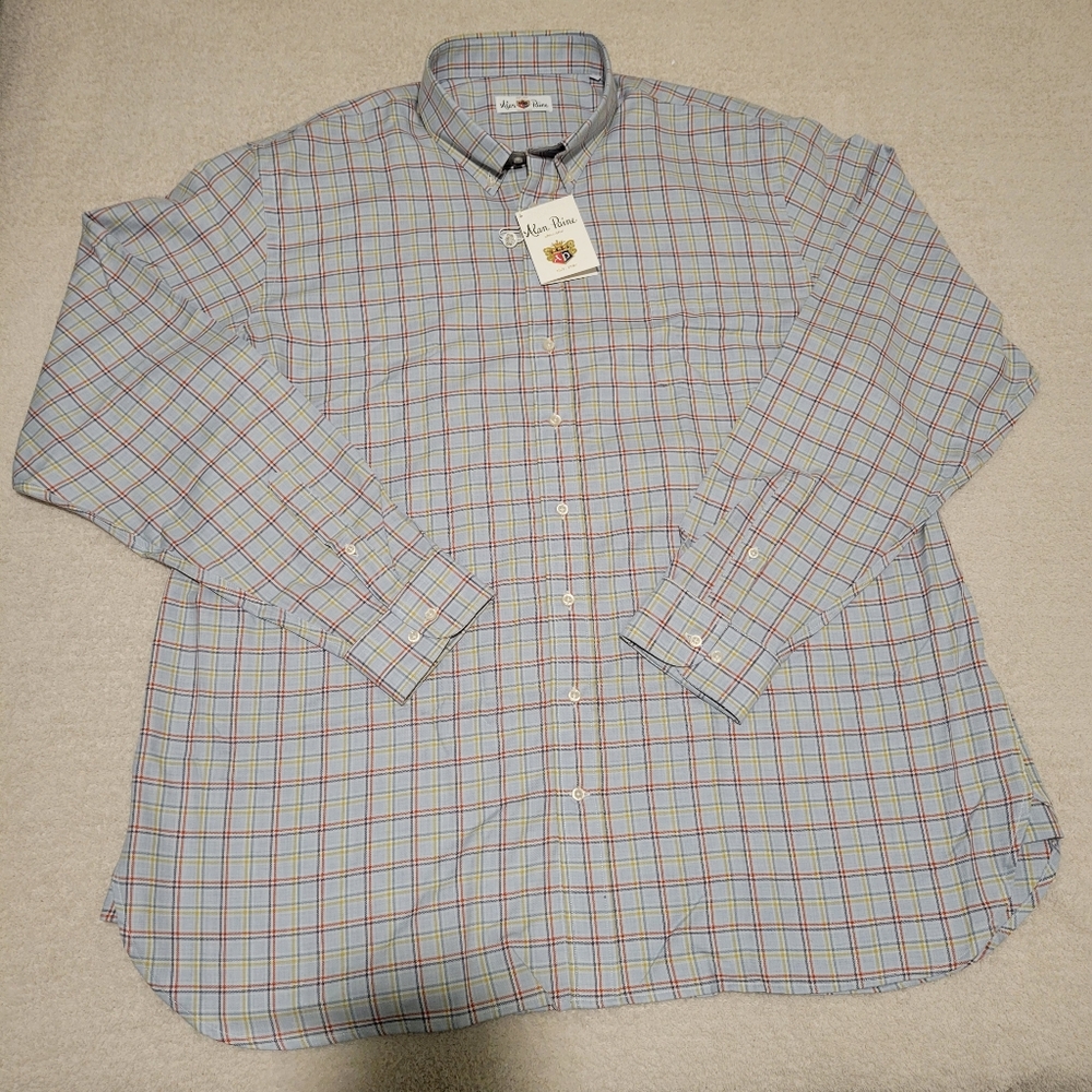 Alan Paine NWT Casual Button Down Shirt Size xxl Blue Plaid 80% Cotton 20% wool